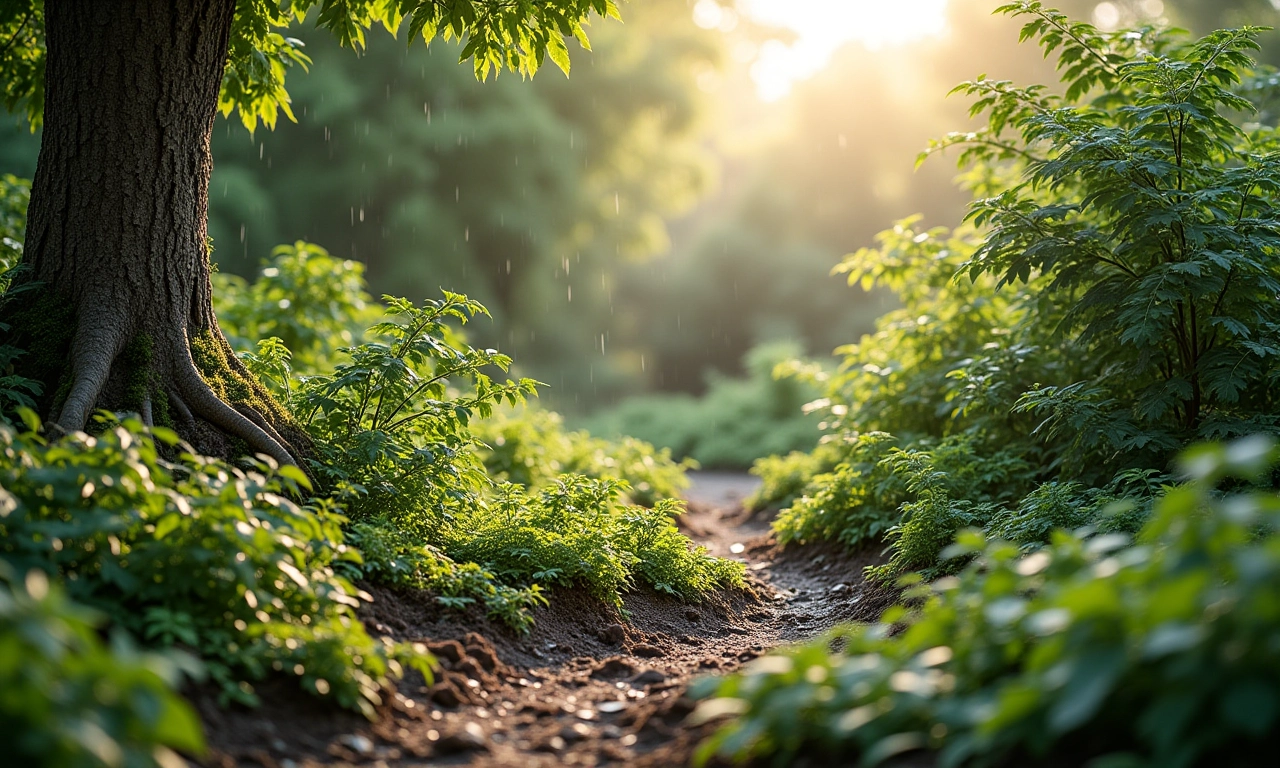 Jardim sustentável com árvores nativas, coleta de água da chuva e compostagem.