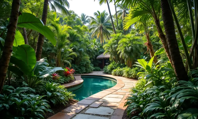 Jardim tropical exuberante projetado por Roberto Burle Marx, com cores vibrantes e árvores nativas brasileiras.