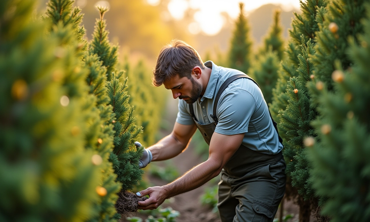 Jardineiro cuidando de árvores nativas, realizando poda e manutenção.