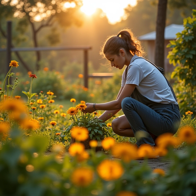 Jardineiro plantando flores em um jardim de deck na primavera.