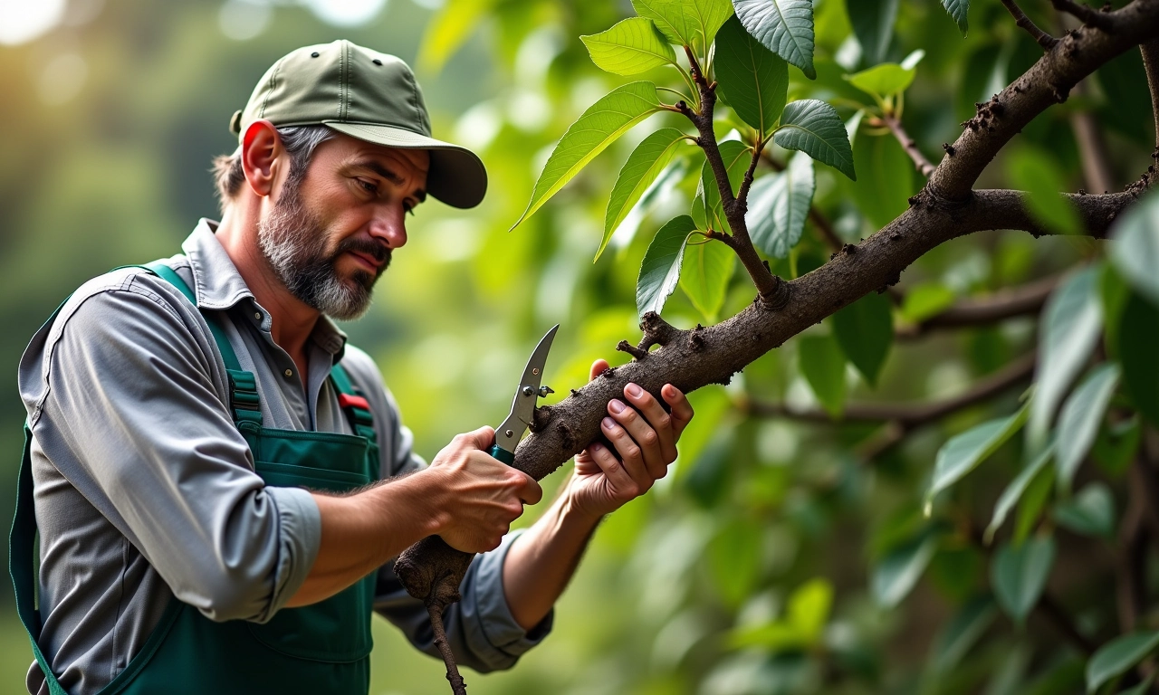Jardineiro podando cupuaçu, removendo galhos secos.