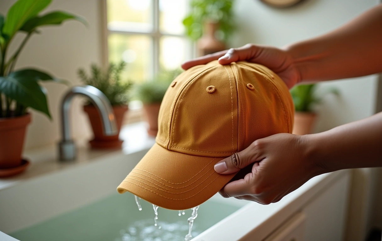 Lavando um boné delicadamente em casa.