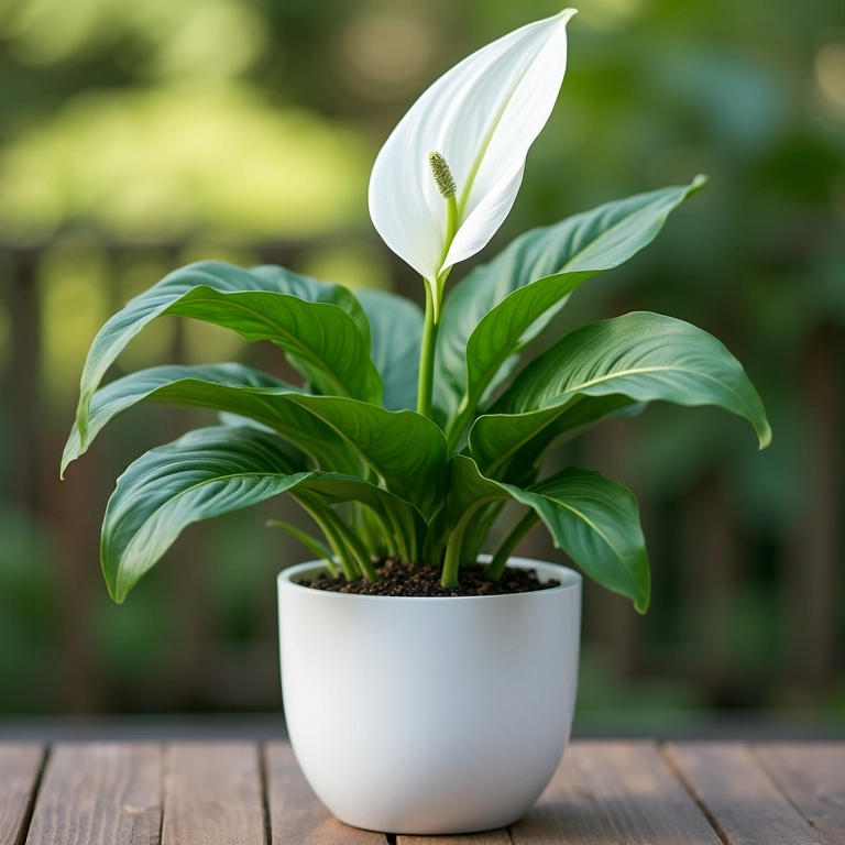 Lírio da Paz em um vaso moderno decorando um deck.