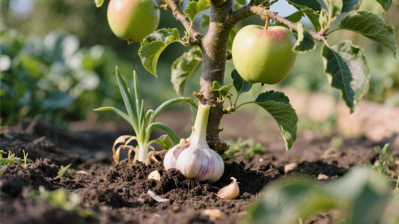 Macieira e alho plantados juntos em um jardim orgânico.