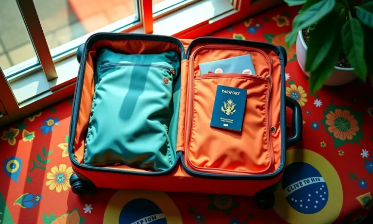 Mala de mão organizada com itens essenciais para viagem internacional.