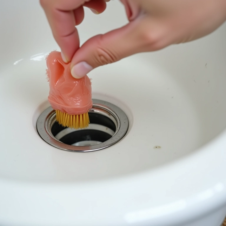 Mão limpando um ralo de chuveiro com uma escova.