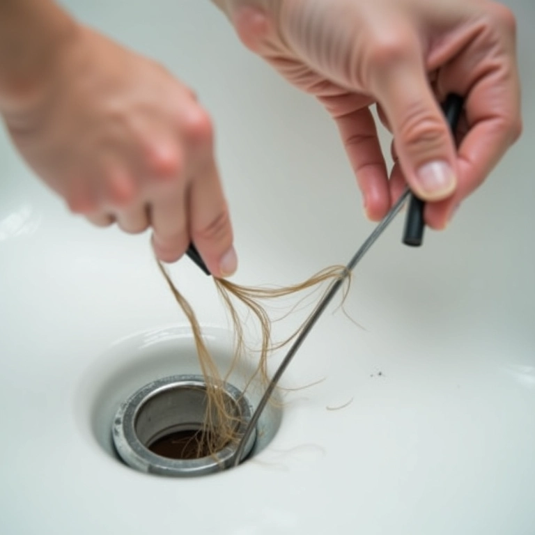 Mão removendo cabelos presos do ralo do chuveiro com um arame ou gancho.