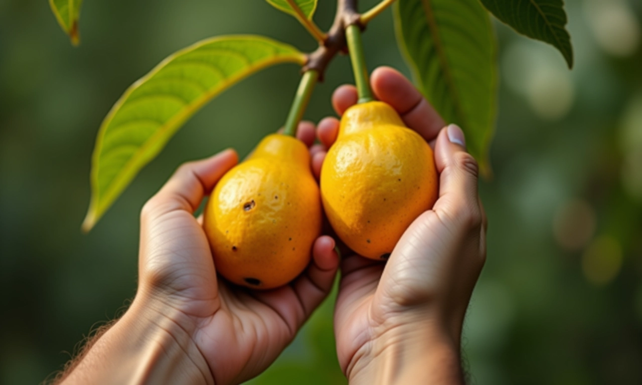 Mãos colhendo cupuaçu maduro da árvore.