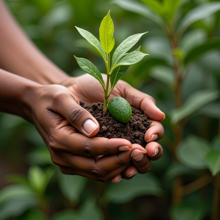 Mãos diversas selecionando mudas de abacate em viveiro brasileiro.