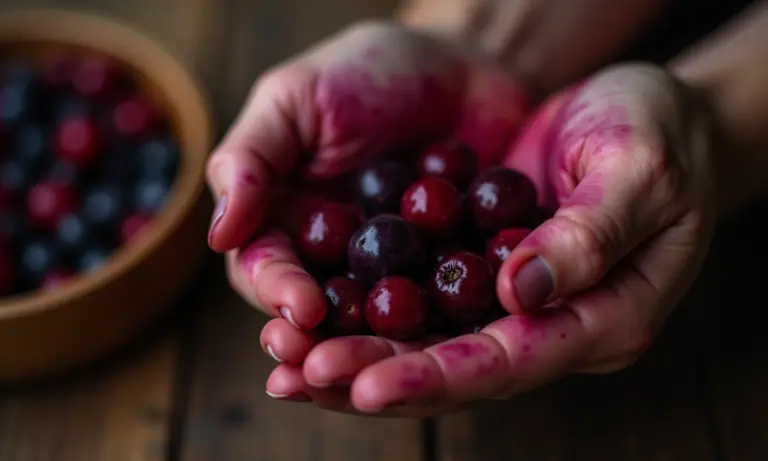 Mãos manchadas por amoras com tigela de frutas ao lado.