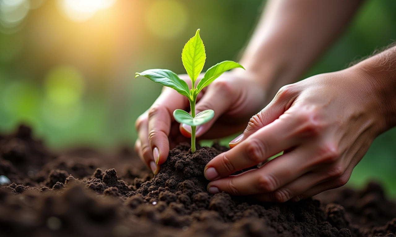 Mãos plantando muda de cupuaçu em solo preparado.
