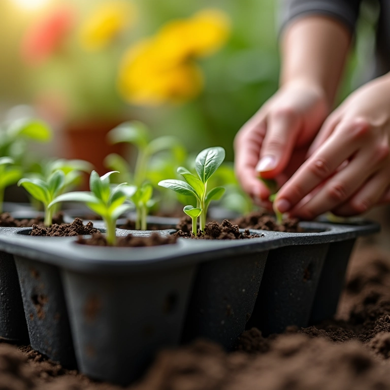 Mãos plantando sementes em sementeira.