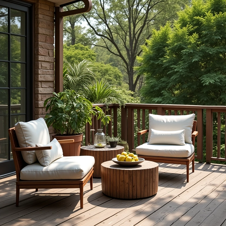 Móveis confortáveis em um deck decorado com estilo Farm Rio.