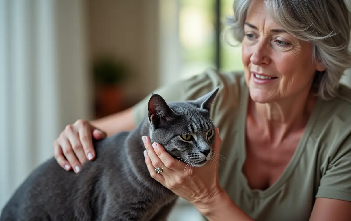 Mulher branca madura usando pente removedor de pelos em gato cinza de pelo curto.