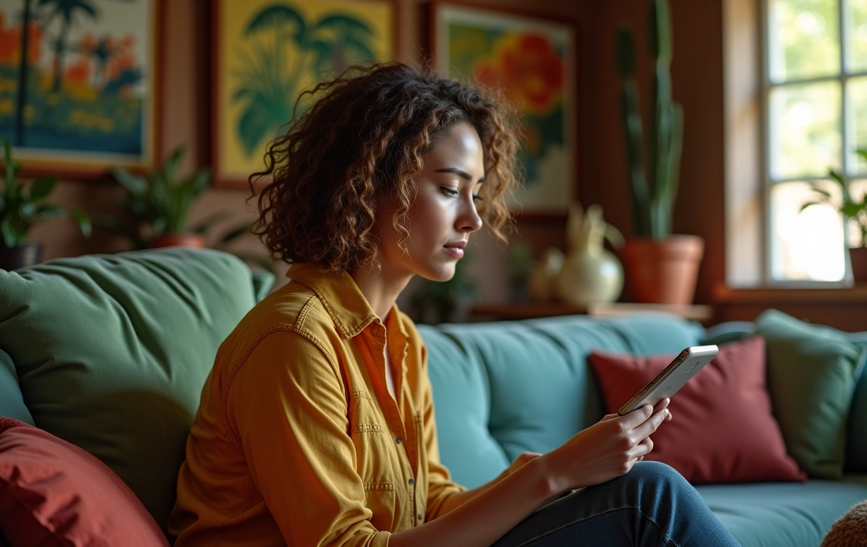 Mulher contemplando imagens de árvores em um tablet em sala aconchegante, explorando como as preferências mudam com o tempo.