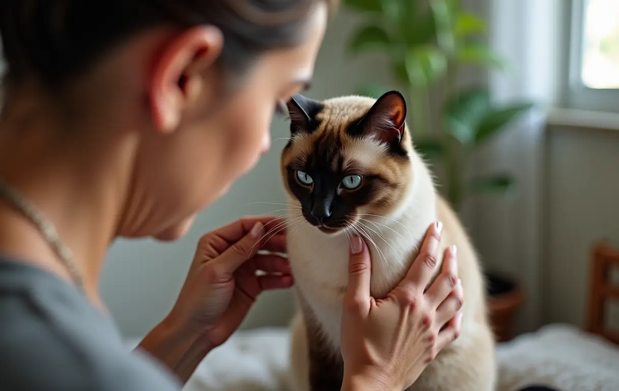 Mulher de meia-idade usando escova de borracha em gato siamês sensível.