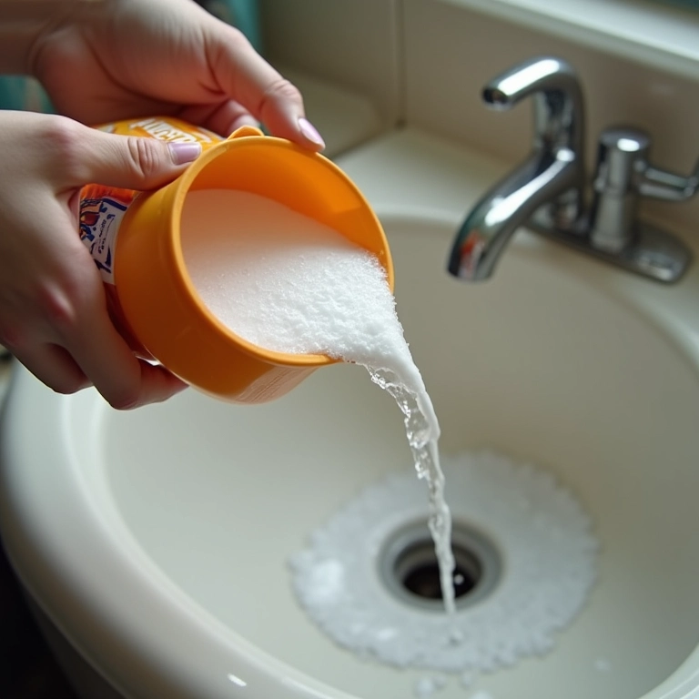 Mulher despejando bicarbonato e vinagre no ralo do chuveiro.