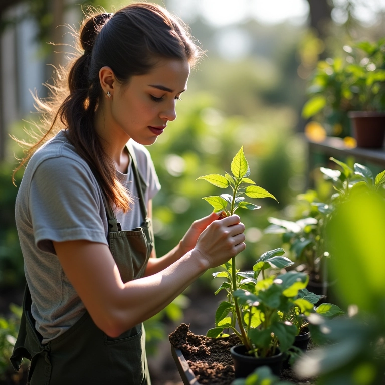 Mulher escolhendo muda de acerola em viveiro.