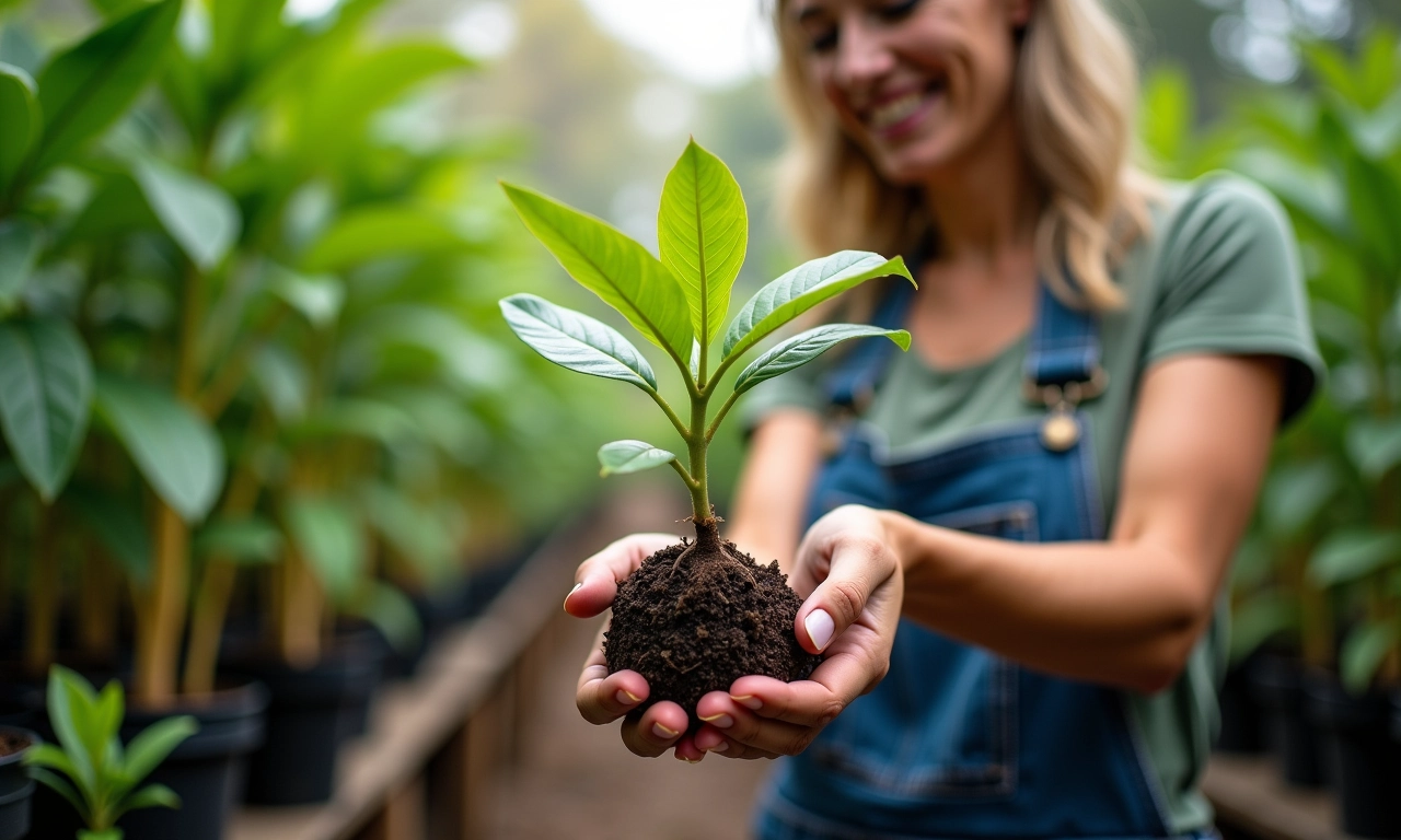 Mulher escolhendo muda de cupuaçu saudável em viveiro.