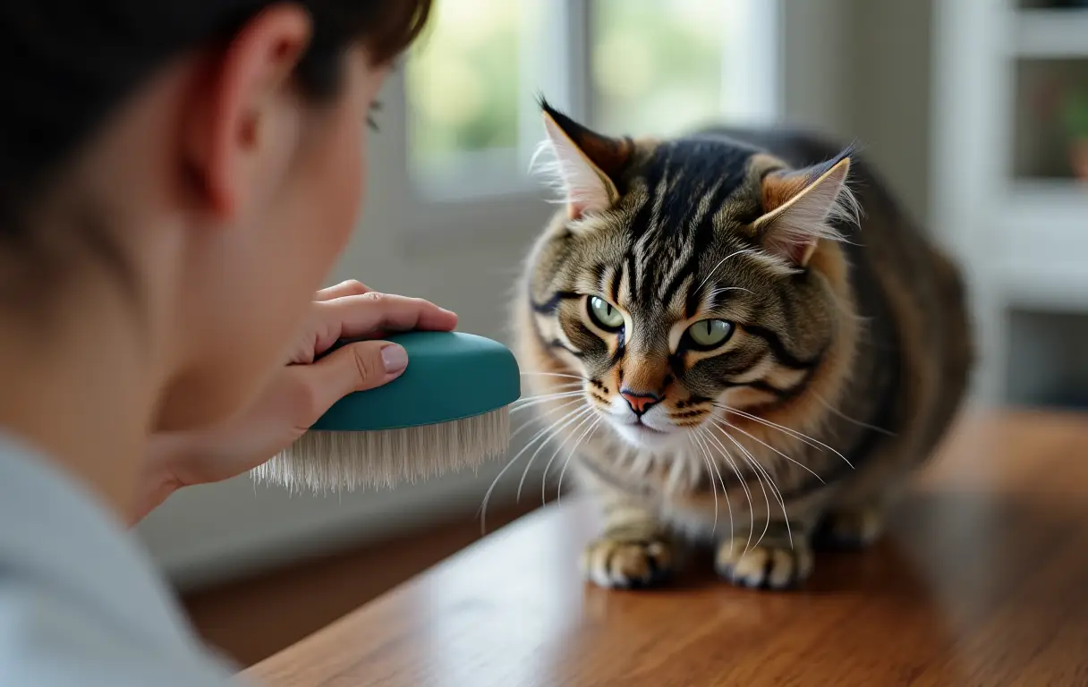 Mulher morena usando escova Furminator em gato rajado de pelo médio.