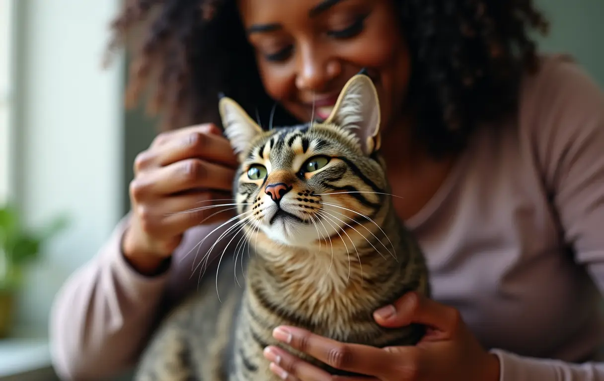 Mulher negra escovando seu gato rajado, mostrando os benefícios da escovação.