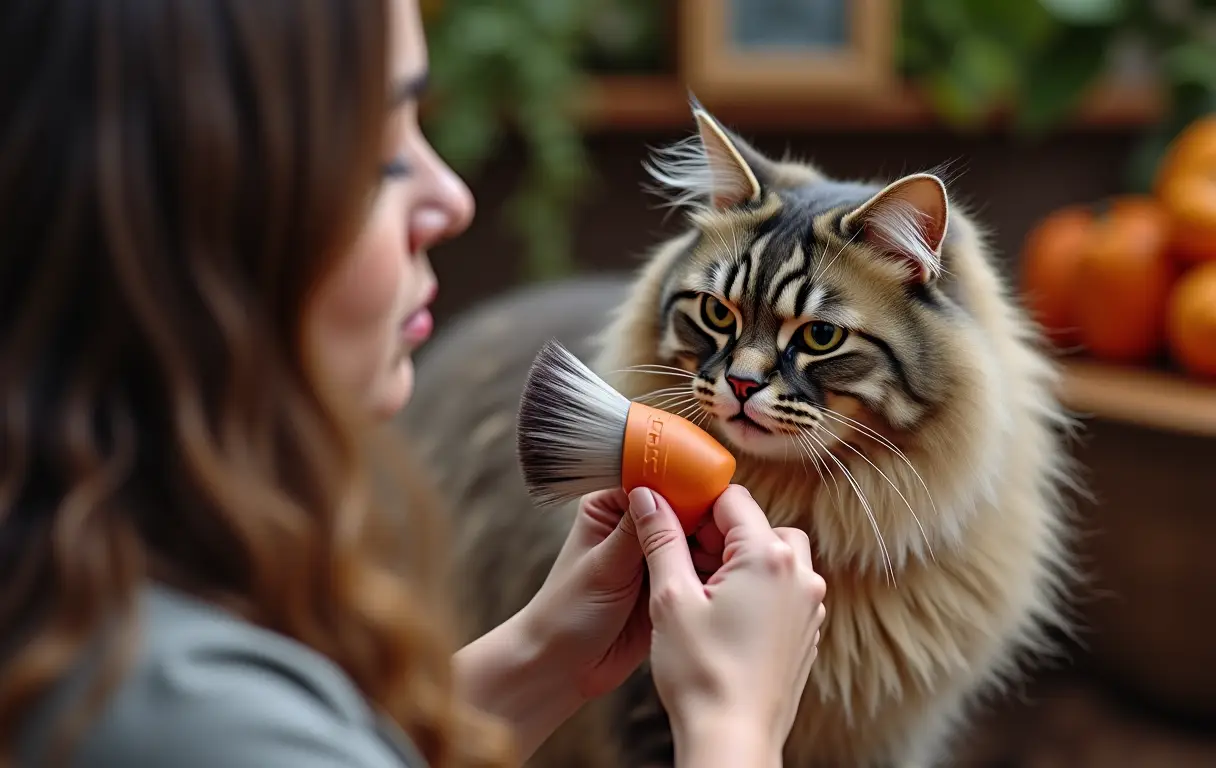 Mulher plus size usando escova rasqueadeira em gato persa de pelo longo.