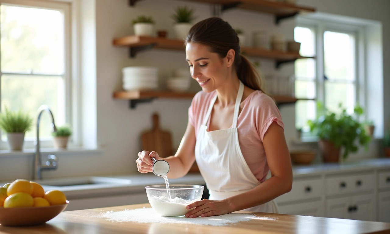 Mulher preparando pasta de bicarbonato de sódio na cozinha.