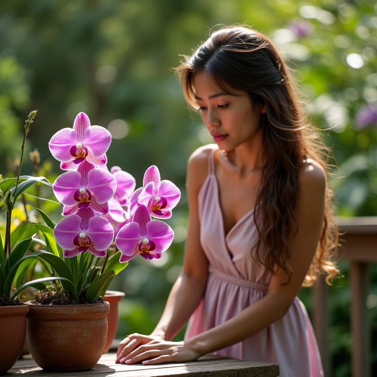 Orquídeas elegantes em uma mesa de deck, mulher brasileira admirando.