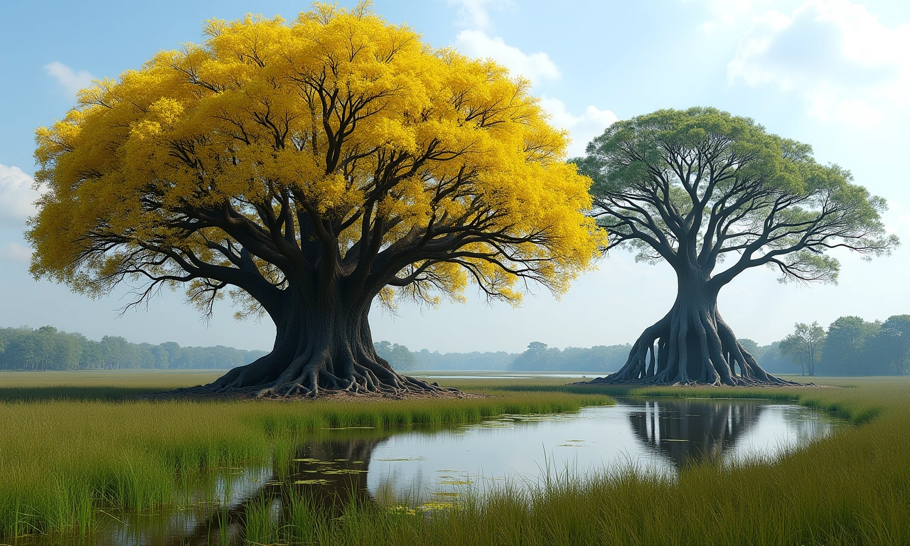 Paisagem do Pantanal com Ipê florido e Figueira exuberante.