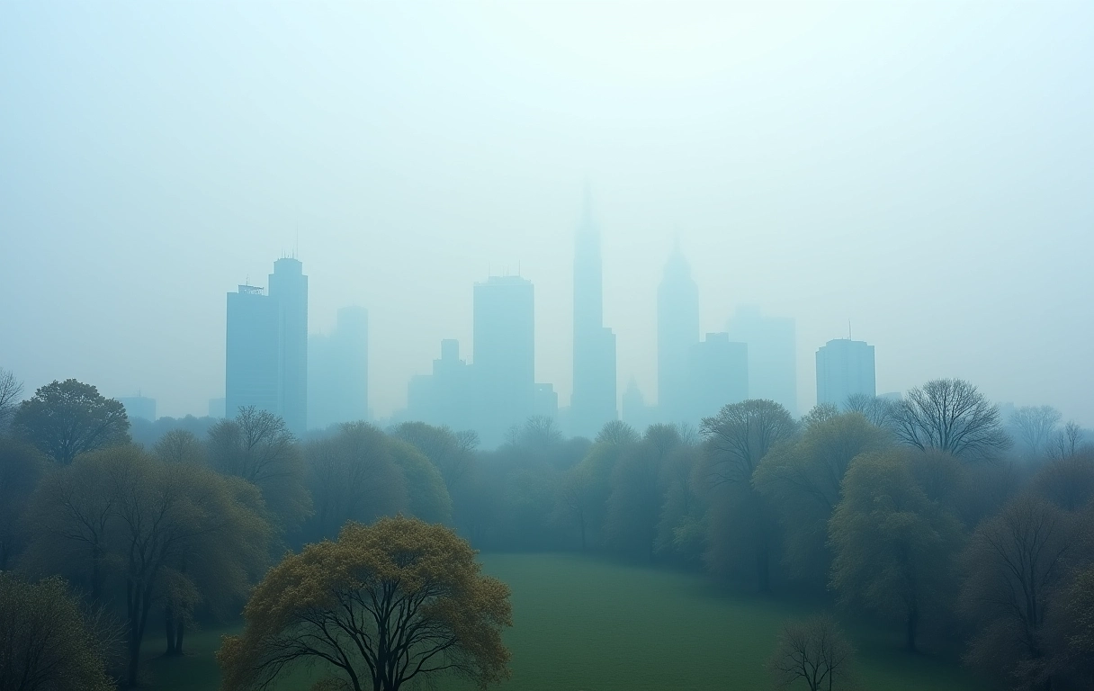 Parque urbano envolto em smog, mostrando o efeito da poluição do ar nas árvores.