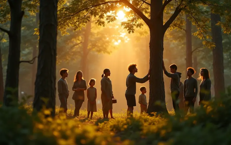 Pessoas abraçando árvores diferentes em uma floresta ensolarada, refletindo sobre a psicologia das árvores e autoconhecimento.