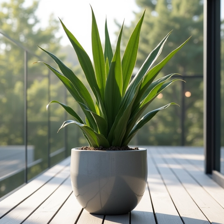 Planta Yuca moderna em um vaso estiloso em um deck minimalista.
