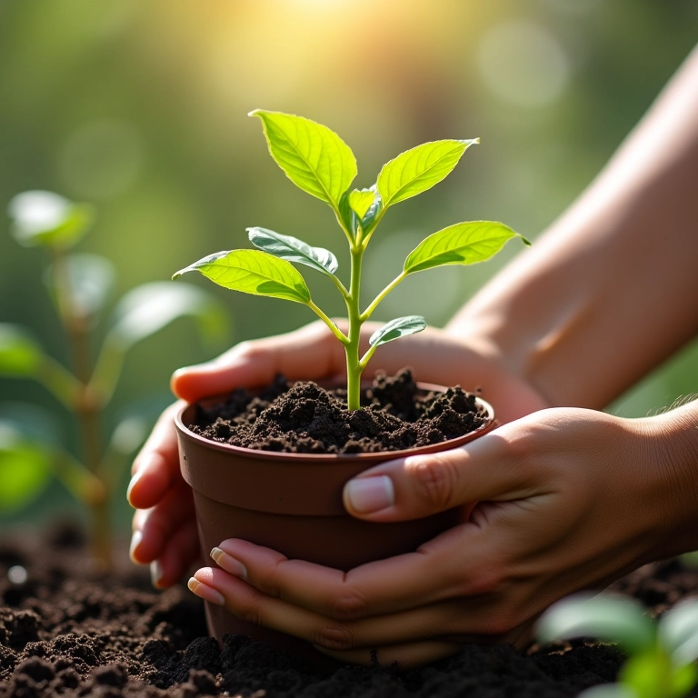 Plantando muda de acerola com cuidado no vaso.