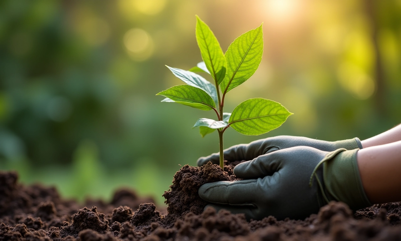 Plantando muda de árvore nativa na estação ideal, usando luvas de jardinagem.