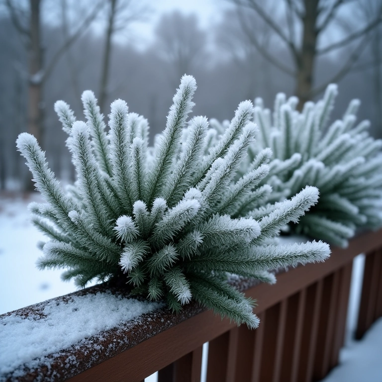 Plantas cobertas de gelo em um deck no inverno com capas de proteção.