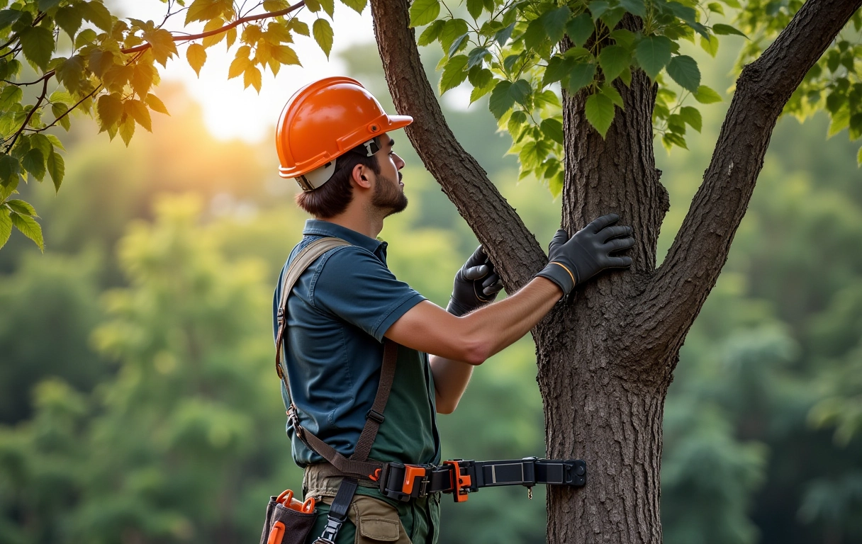 Poda consciente de árvore em parque urbano por profissional.