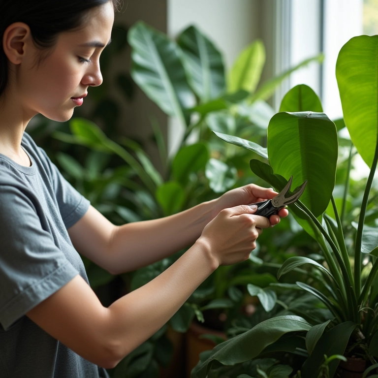 Podando o Filodendro-Brasil para estimular o crescimento.