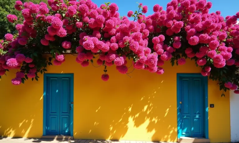 Primavera florida cobrindo muro com cores vibrantes no Rio de Janeiro.