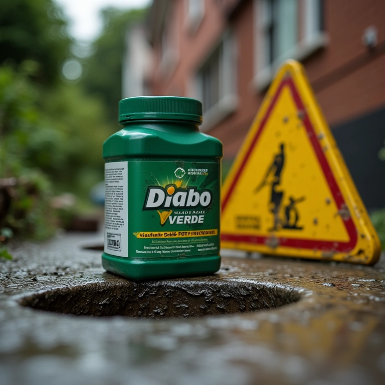 Produto Diabo Verde ao lado de um ralo extremamente entupido.