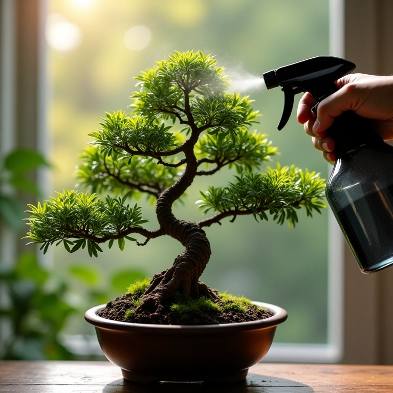 Protegendo o bonsai de pragas com spray.