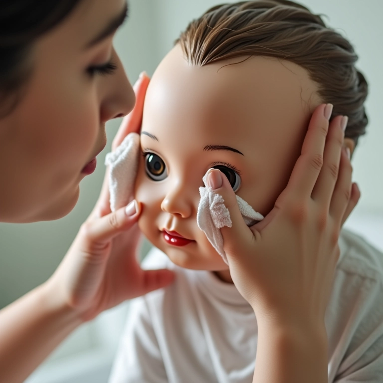Protegendo os olhos de uma boneca com uma toalha durante o banho.