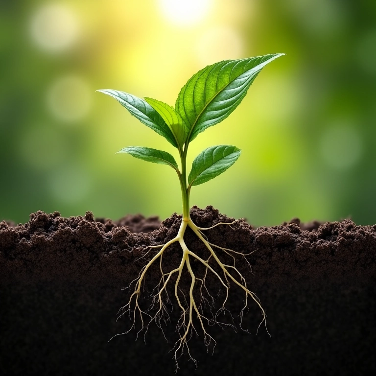 Raízes da Figueira das Lágrimas se entrelaçando com o solo, luz solar filtrada pelas folhas.