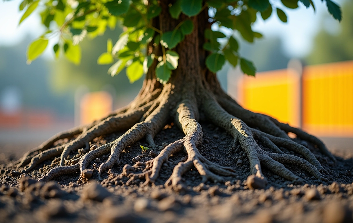 Raízes de árvore protegidas durante construção urbana.