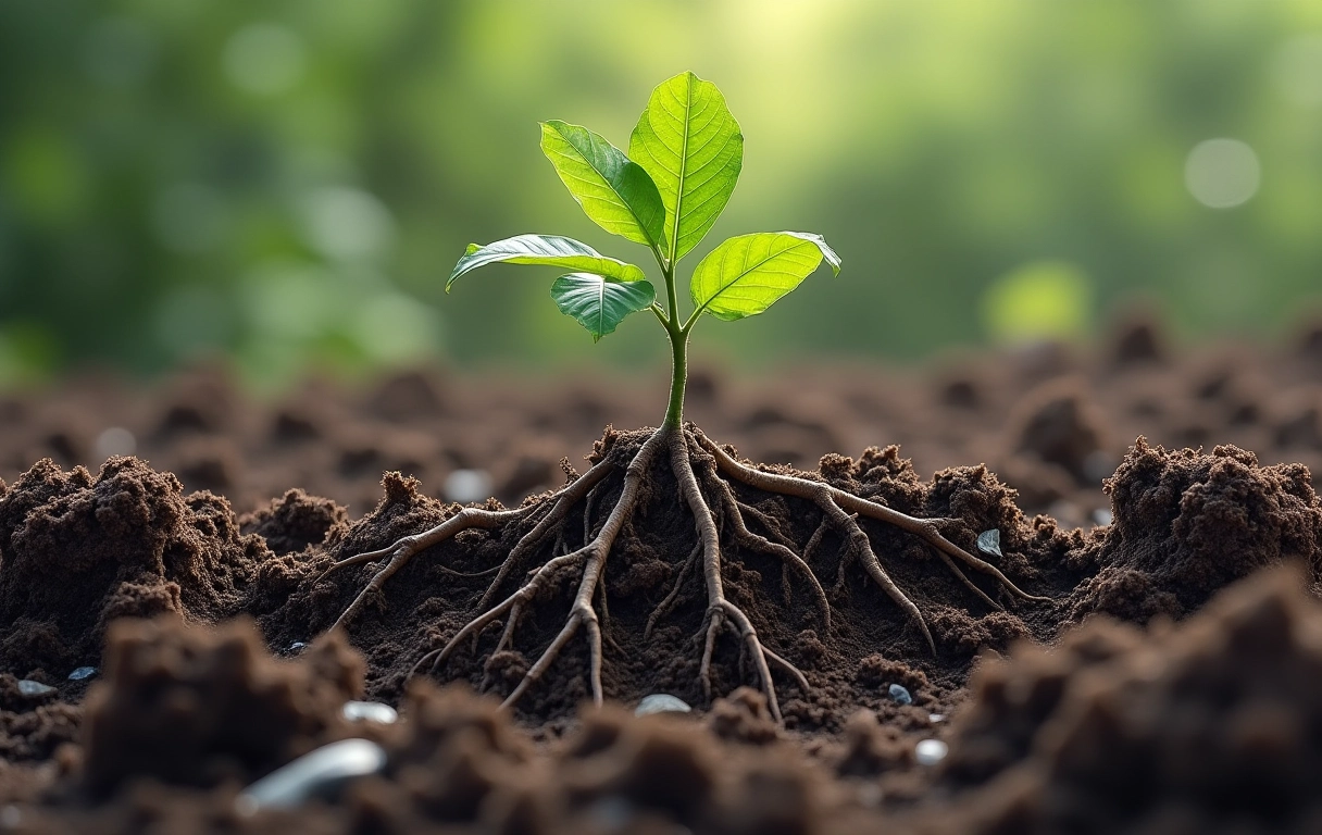 Raízes de árvore sufocadas em solo poluído, com lixo e contaminantes visíveis.
