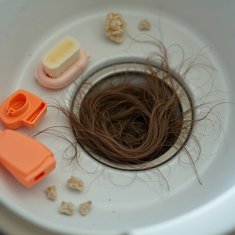Ralo do chuveiro entupido com cabelos e ferramentas de limpeza ao redor.