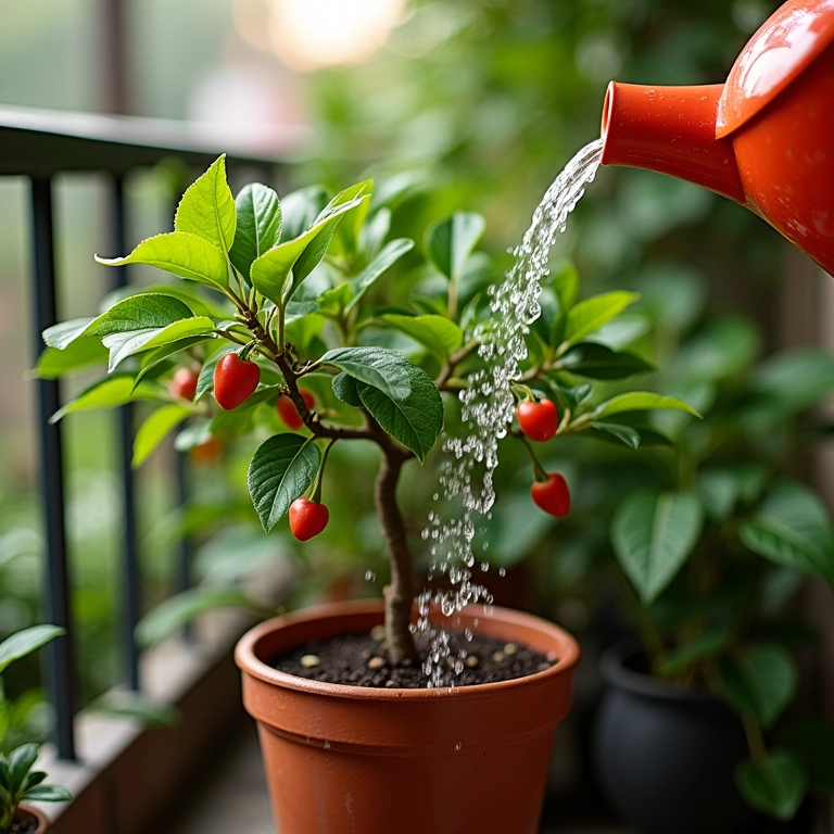 Regando acerola em vaso na medida certa.