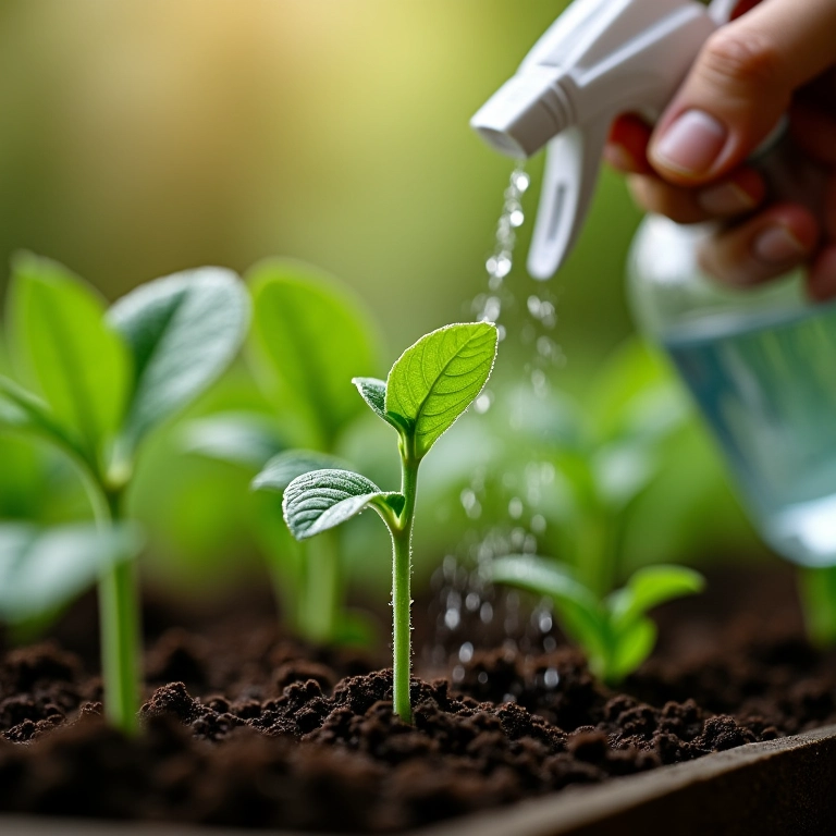 Regando as sementeiras com borrifador.