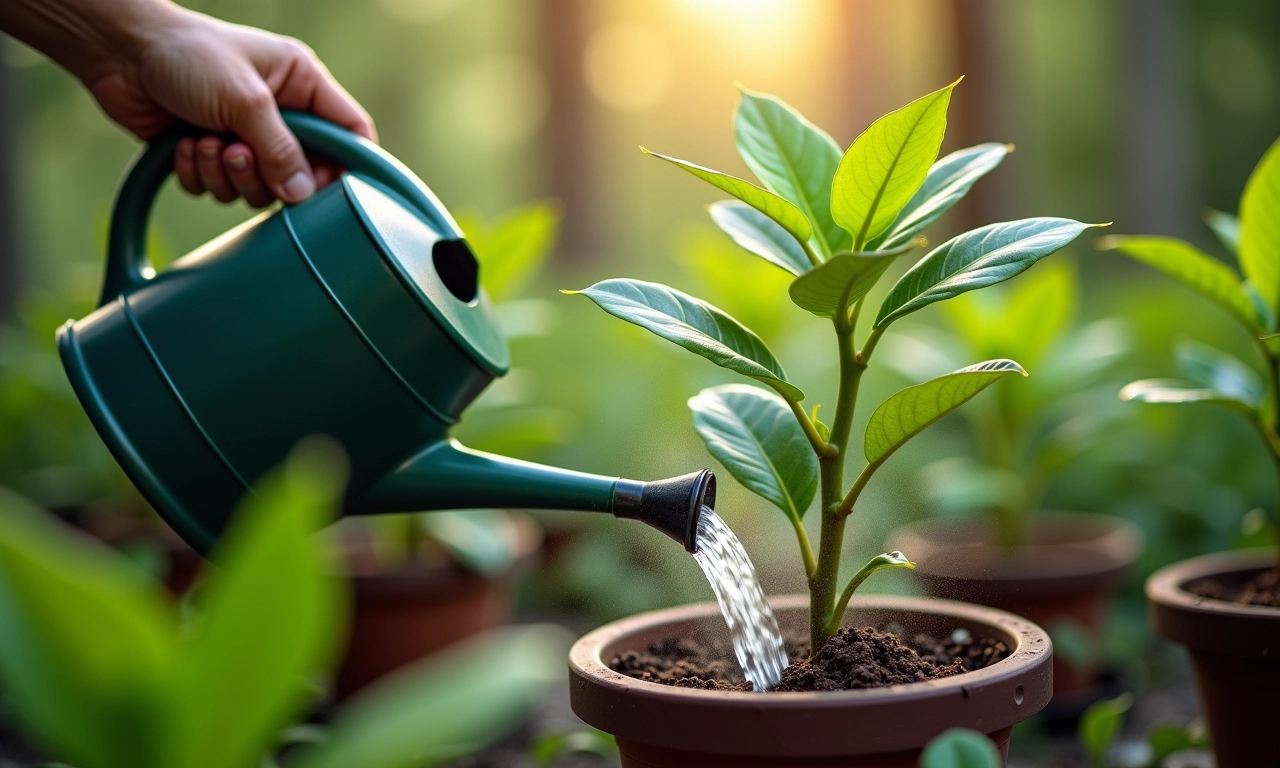 Regando planta de cupuaçu com regador.