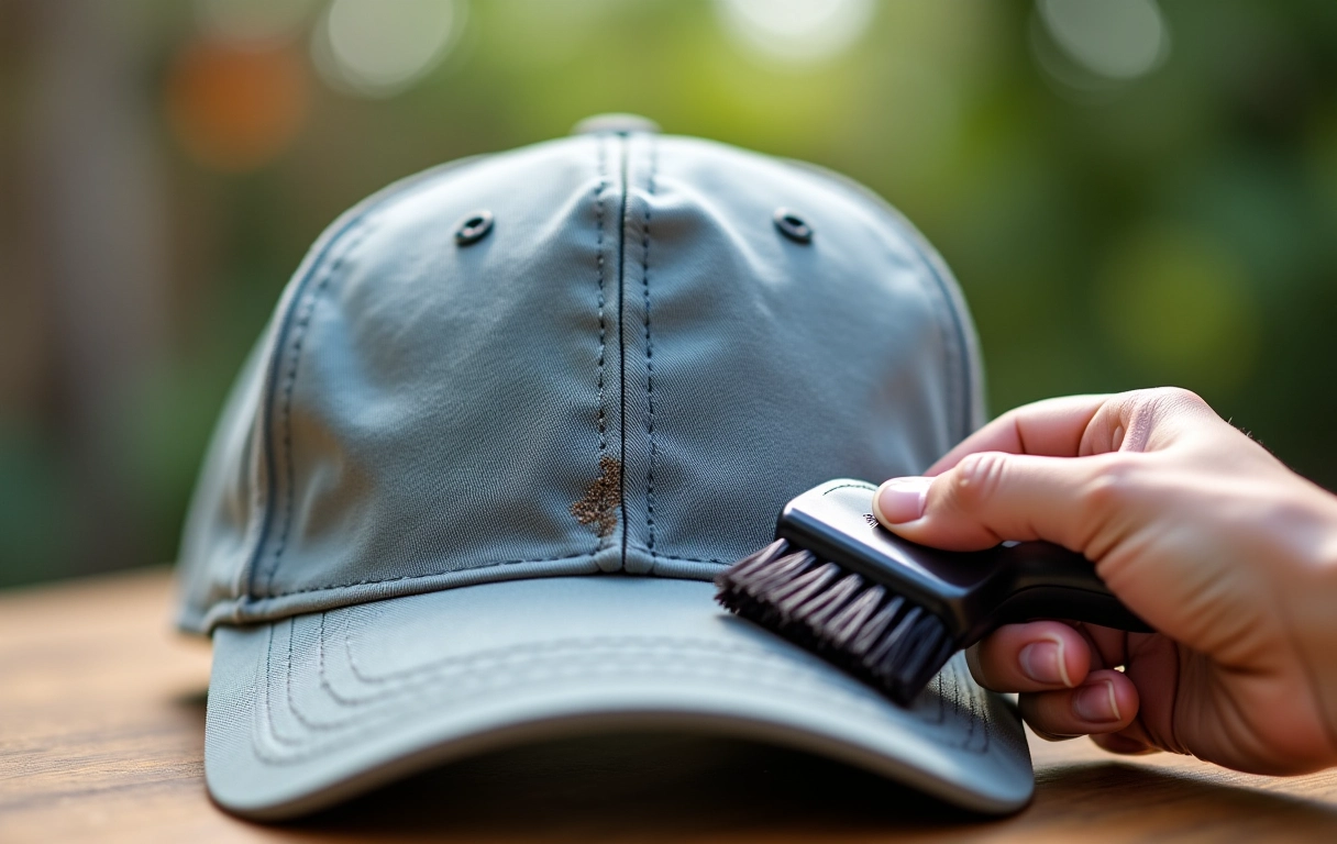 Removendo manchas do boné.