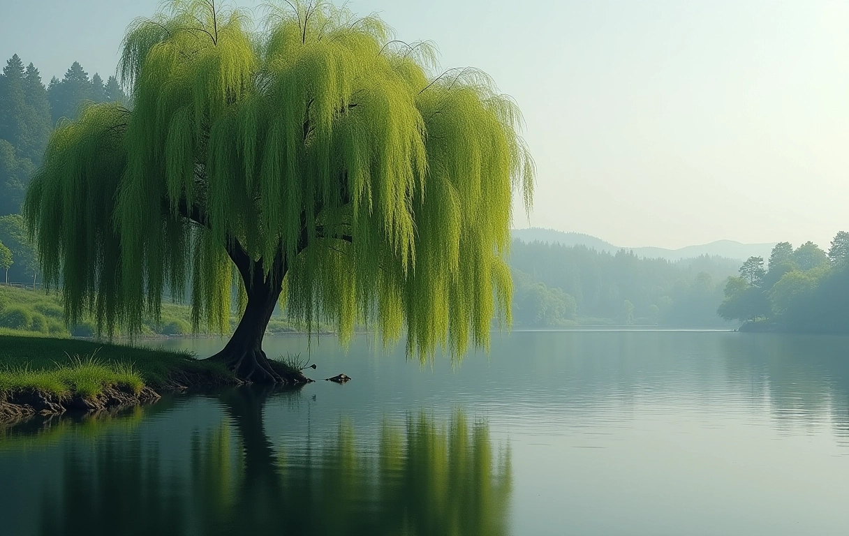 Salgueiro-chorão à beira de um lago tranquilo, refletindo melancolia e intuição na psicologia das árvores.